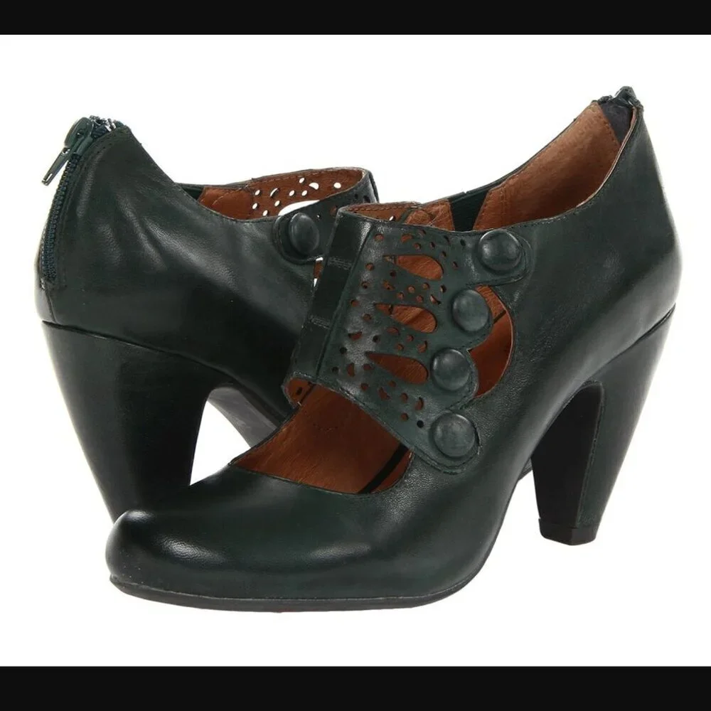 Miz Mooz Sharon Leather Mary Jane Pumps 6 Forest Green Retro Vintage Inspired